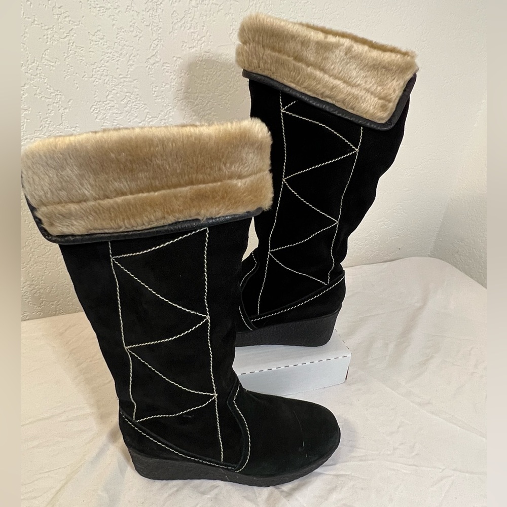 Steve Madden Suede Leather Tall Boots Pull On Women 8.5 Micki Black‎ Tan 2.5” H